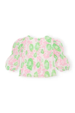 Store GANNI Plissierte Georgette-Bluse Mit U-Ausschnitt Pink Tulle