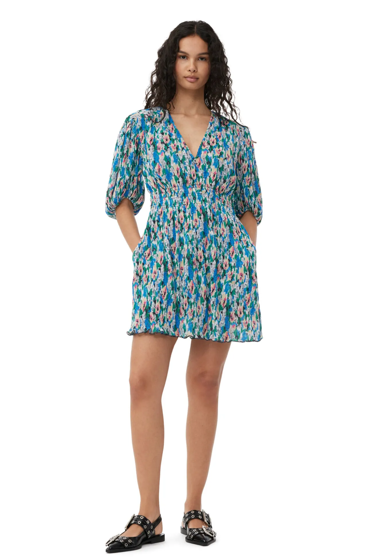 Sale GANNI Plissiertes Georgette-Minikleid Mit V-Ausschnitt Floral Azure Blue