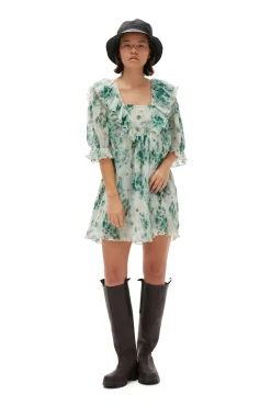 Fashion GANNI Plissiertes Georgette-Minikleid Mit Ruschen Egret