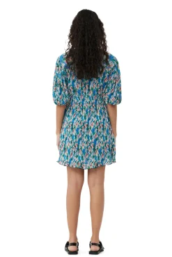 Sale GANNI Plissiertes Georgette-Minikleid Mit V-Ausschnitt Floral Azure Blue