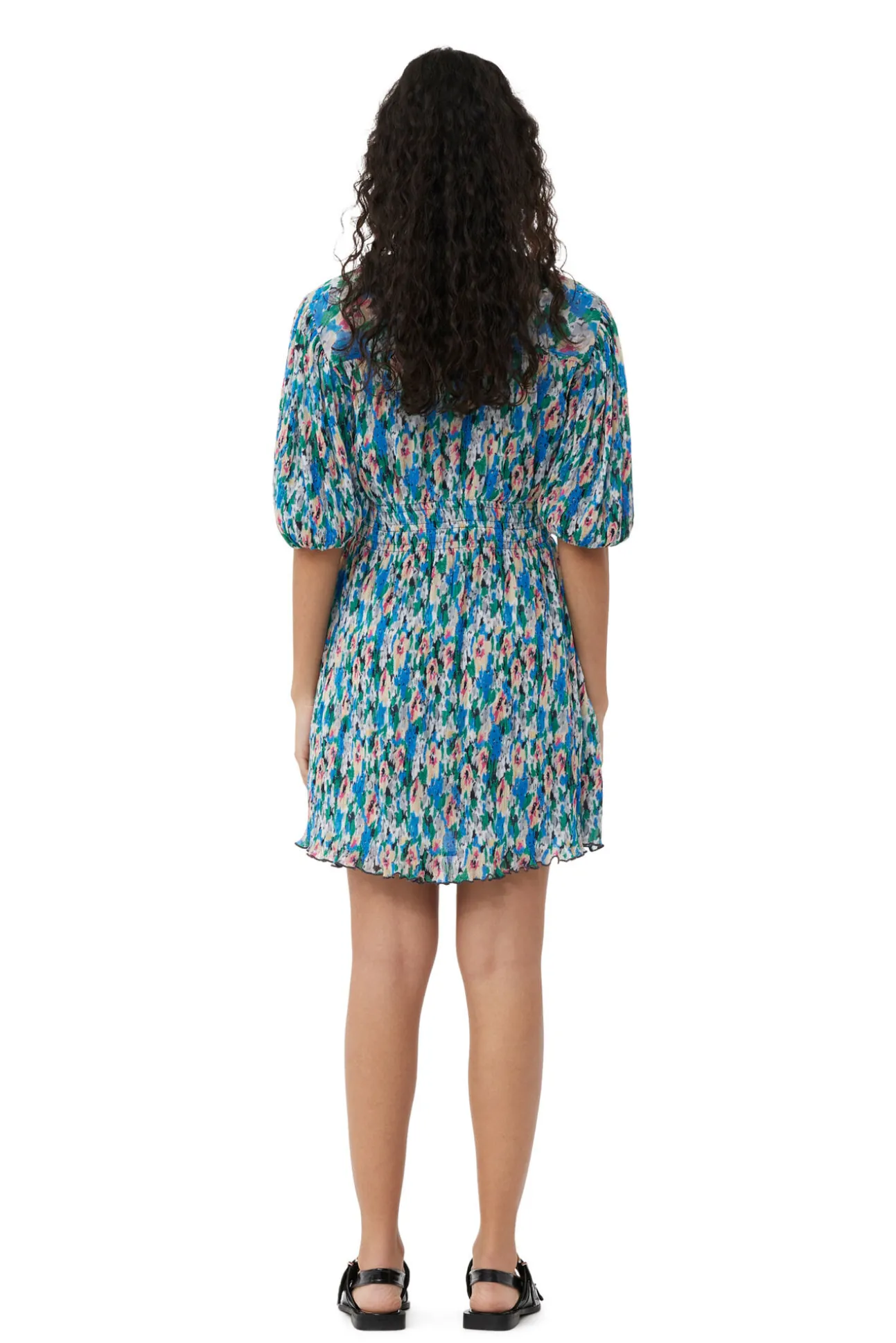 Sale GANNI Plissiertes Georgette-Minikleid Mit V-Ausschnitt Floral Azure Blue