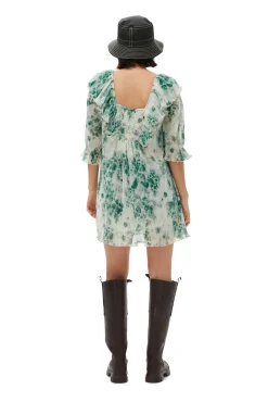 Fashion GANNI Plissiertes Georgette-Minikleid Mit Ruschen Egret
