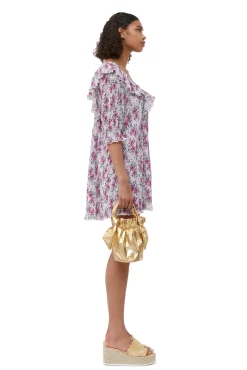 Outlet GANNI Plissiertes Georgette-Minikleid Mit Ruschen Mauve Chalk