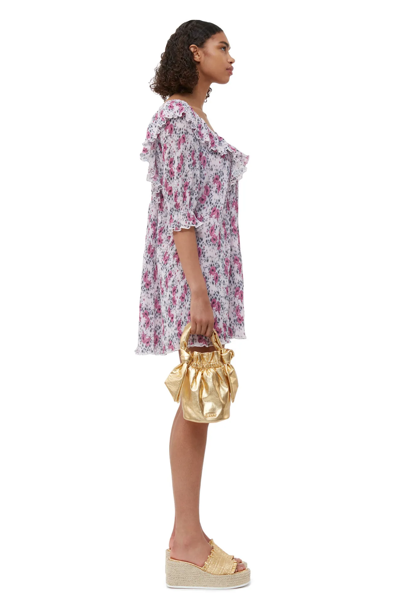 Outlet GANNI Plissiertes Georgette-Minikleid Mit Ruschen Mauve Chalk