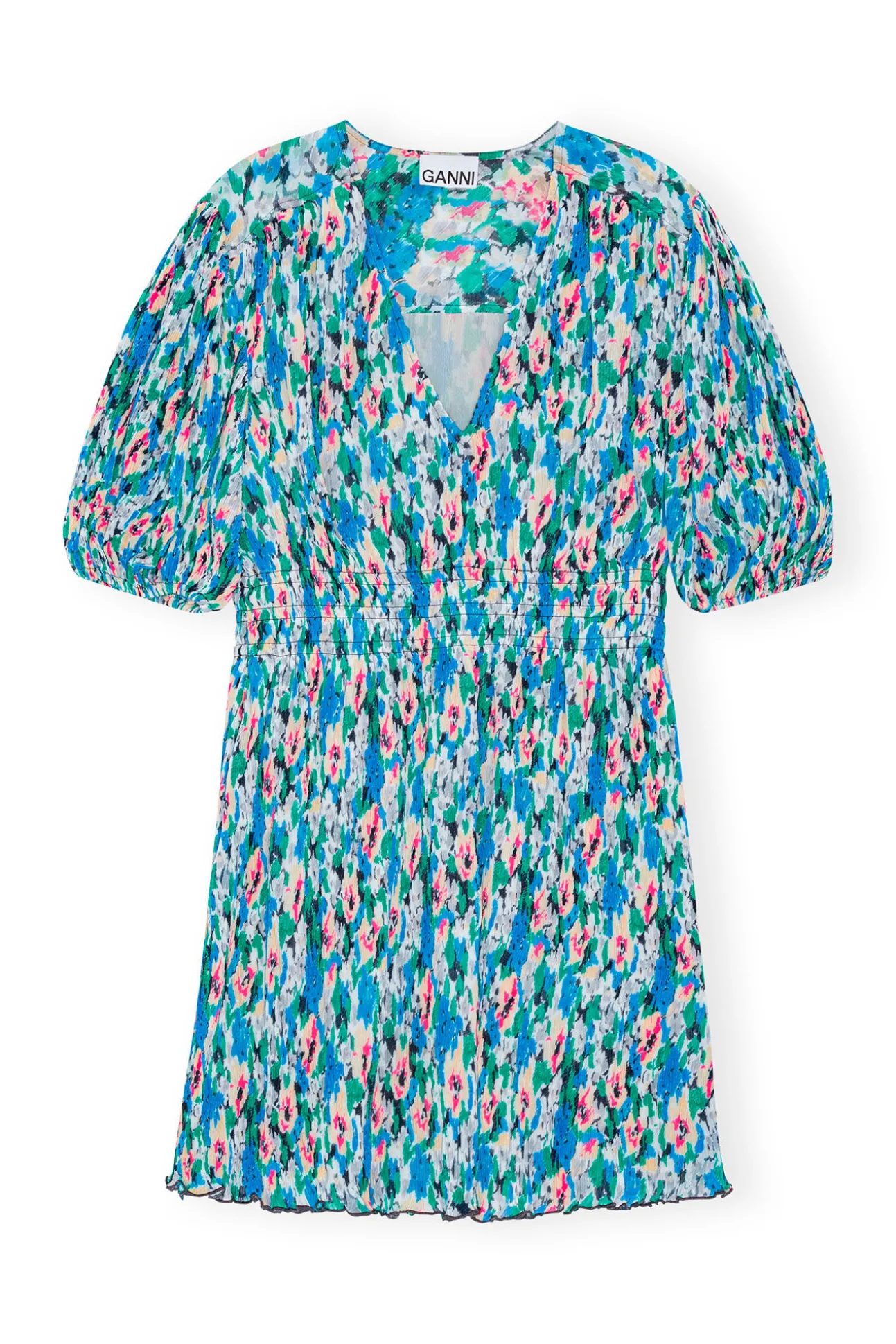 Sale GANNI Plissiertes Georgette-Minikleid Mit V-Ausschnitt Floral Azure Blue