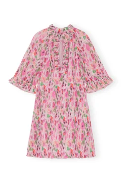 Sale GANNI Plissiertes Georgette-Minikleid Mit Ruschen Sugar Plum