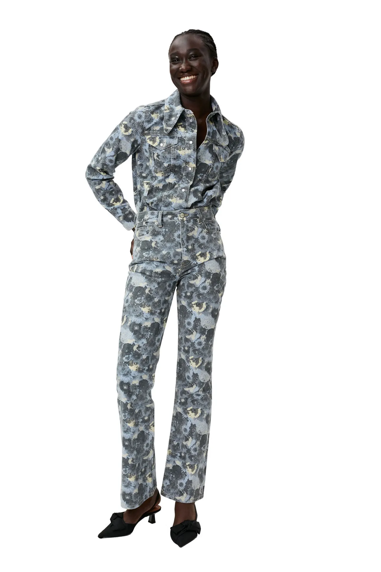 Best Sale GANNI Print Denim Shirt Brunnera Blue