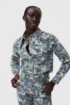 Best Sale GANNI Print Denim Shirt Brunnera Blue