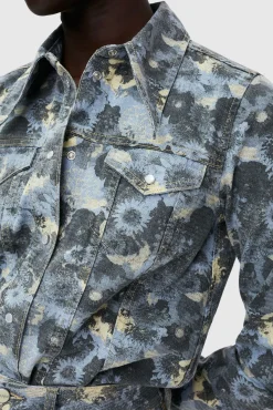 Best Sale GANNI Print Denim Shirt Brunnera Blue