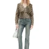 Sale GANNI Printed Cotton Rhythm Collar Blouse Big Leopard Almond Milk