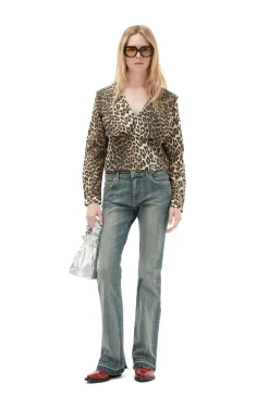 Sale GANNI Printed Cotton Rhythm Collar Blouse Big Leopard Almond Milk