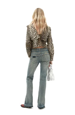 Sale GANNI Printed Cotton Rhythm Collar Blouse Big Leopard Almond Milk