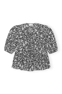 Online GANNI Printed Crepe Peplum Blouse Black
