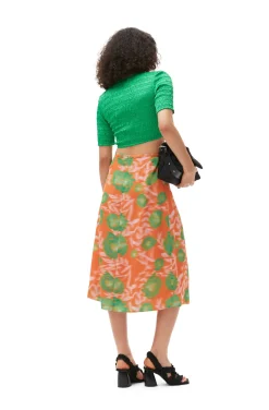 Best Sale GANNI Printed Light Crepe Wrap Skirt Vibrant Orange