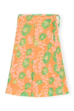 Best Sale GANNI Printed Light Crepe Wrap Skirt Vibrant Orange