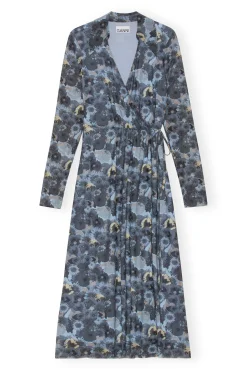 Best GANNI Printed Mesh Wrap Dress Brunnera Blue