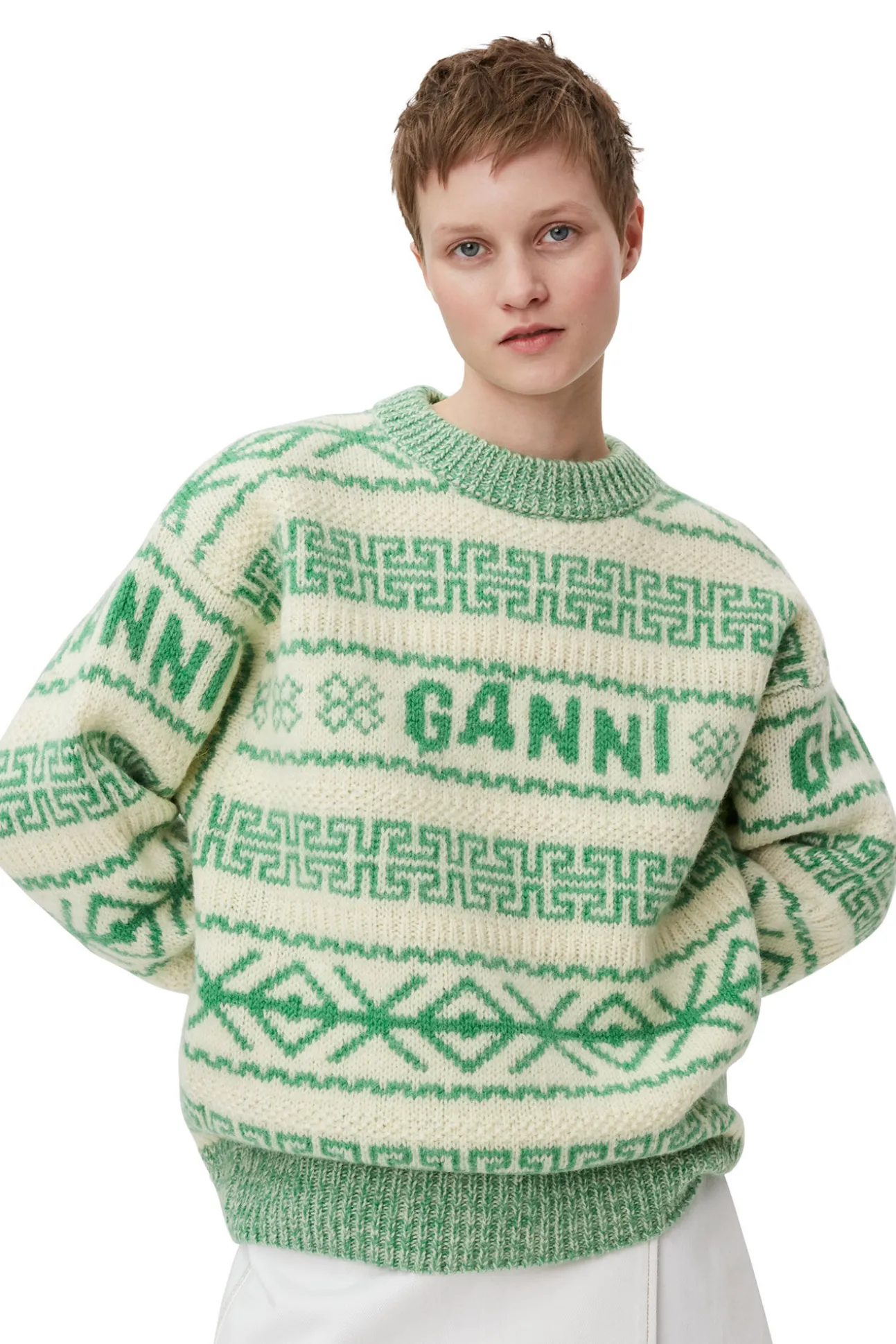 Cheap GANNI Pullover Aus Gruner Wool Egret