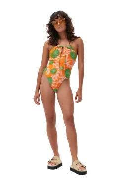 New GANNI Recycled Printed High Cut Swimsuit Vibrant Orange