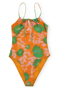 New GANNI Recycled Printed High Cut Swimsuit Vibrant Orange