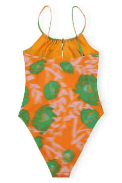 New GANNI Recycled Printed High Cut Swimsuit Vibrant Orange