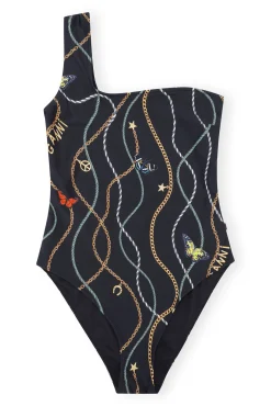 Flash Sale GANNI Recycled Printed One Shoulder Swimsuit Black