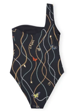 Flash Sale GANNI Recycled Printed One Shoulder Swimsuit Black
