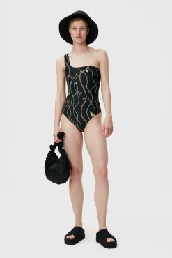 Flash Sale GANNI Recycled Printed One Shoulder Swimsuit Black
