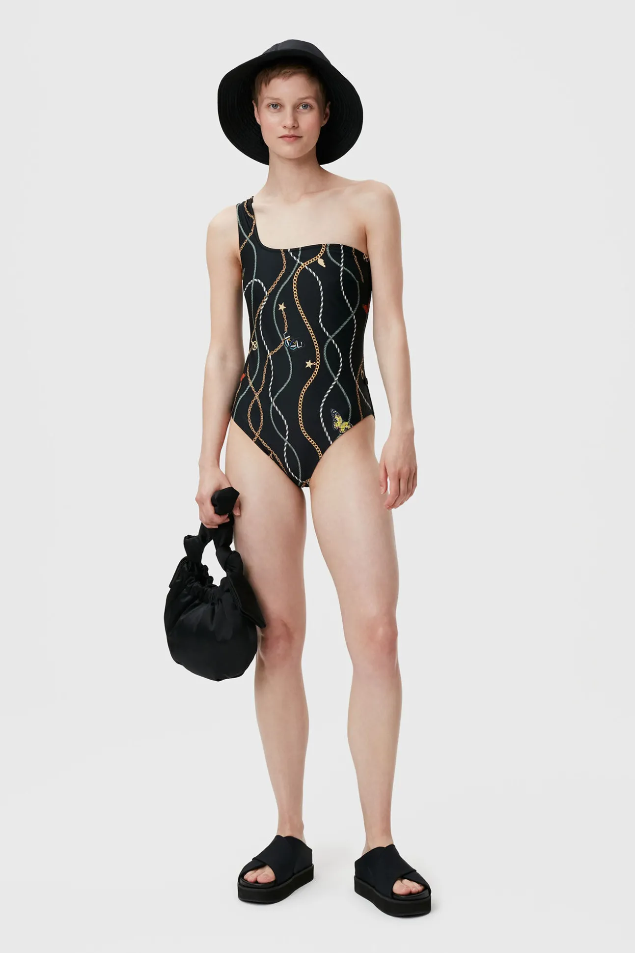 Flash Sale GANNI Recycled Printed One Shoulder Swimsuit Black