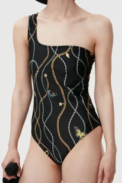 Flash Sale GANNI Recycled Printed One Shoulder Swimsuit Black