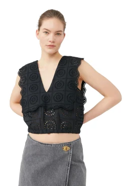 Best Sale GANNI Rhythm-Kragen-Top Mit Lochstickerei Black