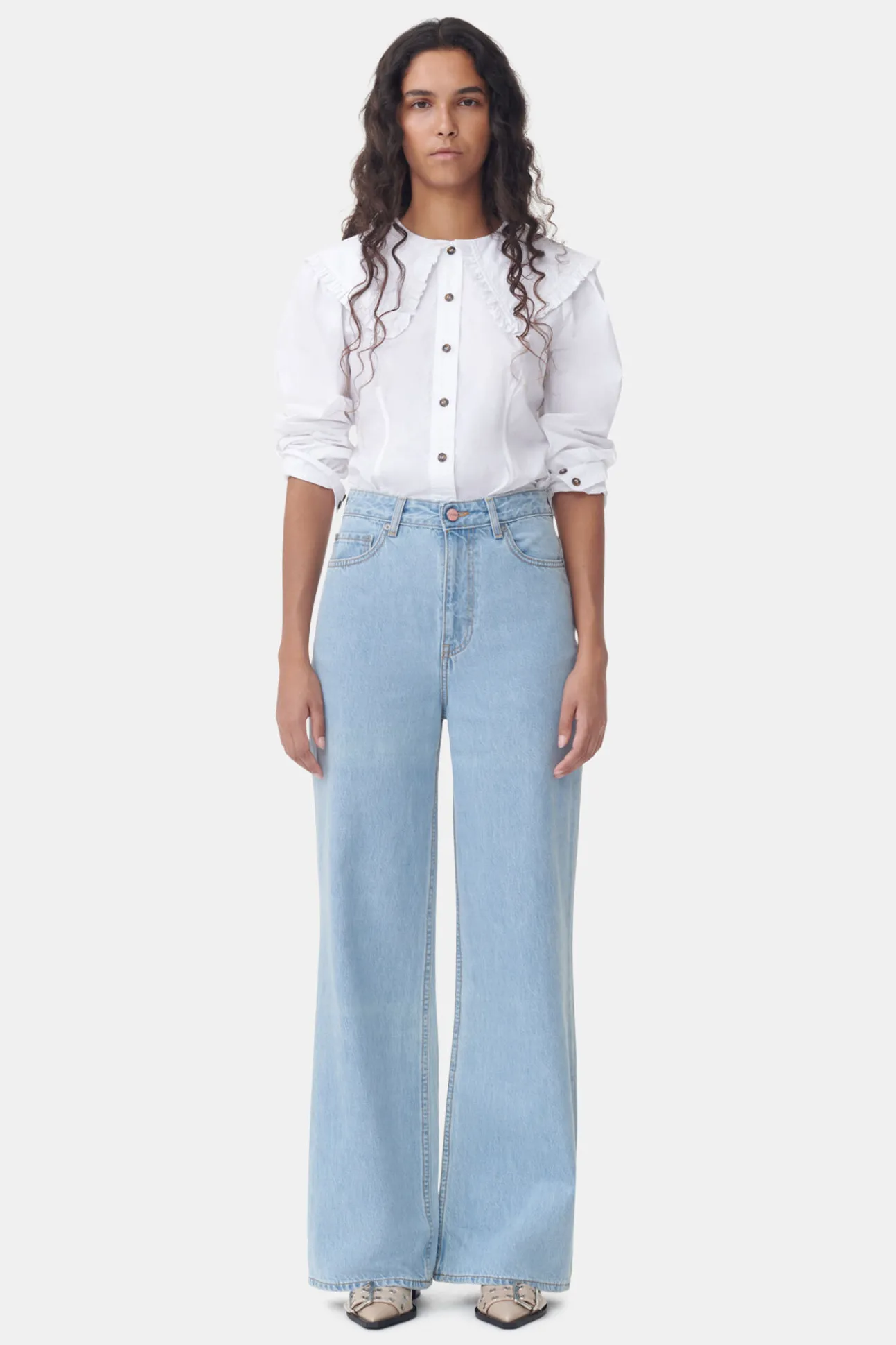 Shop GANNI Ruschenkragenhemd Aus Poplin Bright White