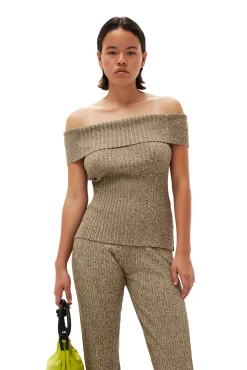 Fashion GANNI Schulterfreies Melange-Strick-Oberteil Brandy Brown