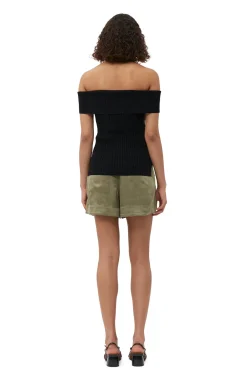 Sale GANNI Schulterfreies Melange-Strick-Oberteil Black