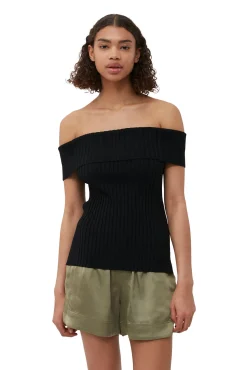 Sale GANNI Schulterfreies Melange-Strick-Oberteil Black