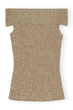 Fashion GANNI Schulterfreies Melange-Strick-Oberteil Brandy Brown