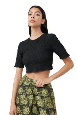 Sale GANNI Schwarzes Gesmoktes Crop-Top Mit O-Ausschnitt Aus Cotton Poplin Black