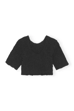Sale GANNI Schwarzes Gesmoktes Crop-Top Mit O-Ausschnitt Aus Cotton Poplin Black