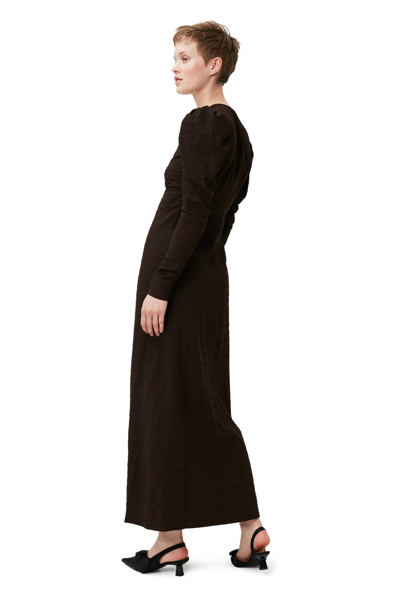 Fashion GANNI Seersucker-Maxikleid Mit V-Ausschnitt Chicory Coffee
