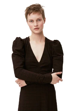 Fashion GANNI Seersucker-Maxikleid Mit V-Ausschnitt Chicory Coffee