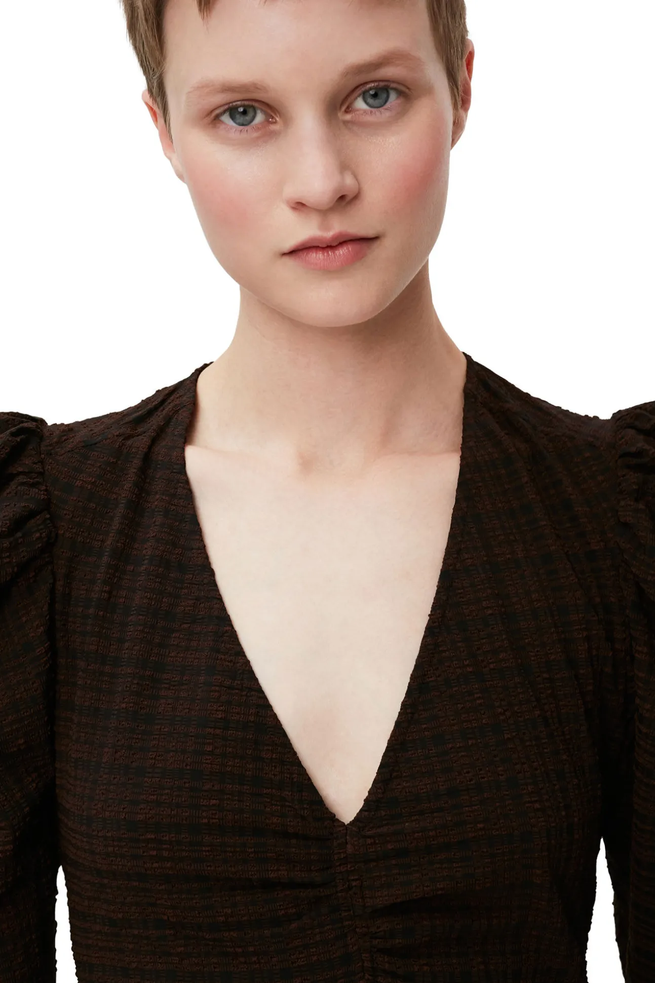Fashion GANNI Seersucker-Maxikleid Mit V-Ausschnitt Chicory Coffee