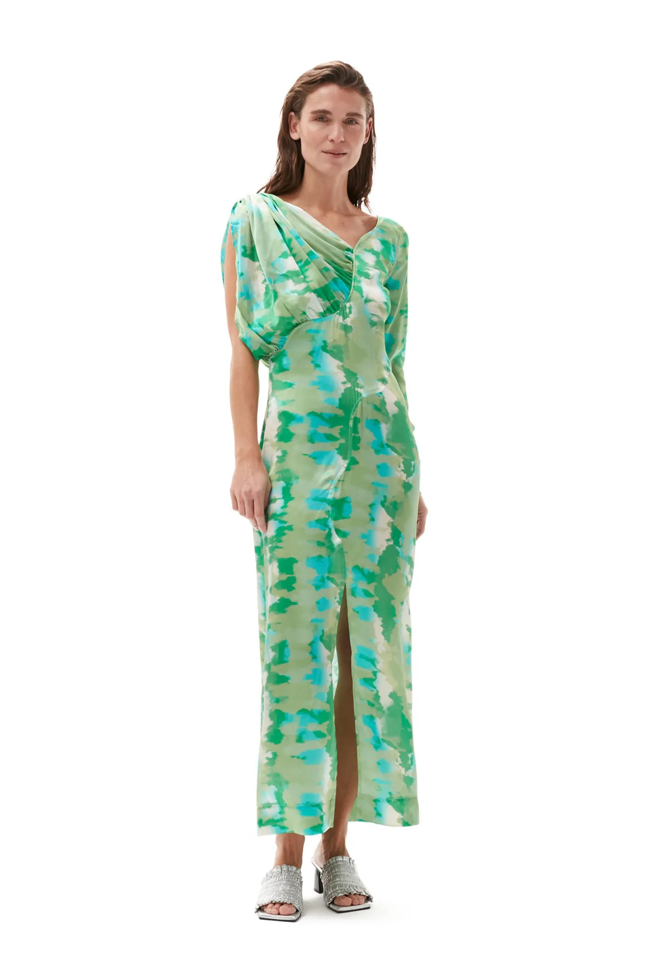 Clearance GANNI Silk-Stretch-Satin Maxikleid Lily Green
