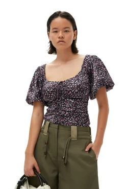 Shop GANNI Silk-Stretch-Satin-Bluse Mit Ruschen Black