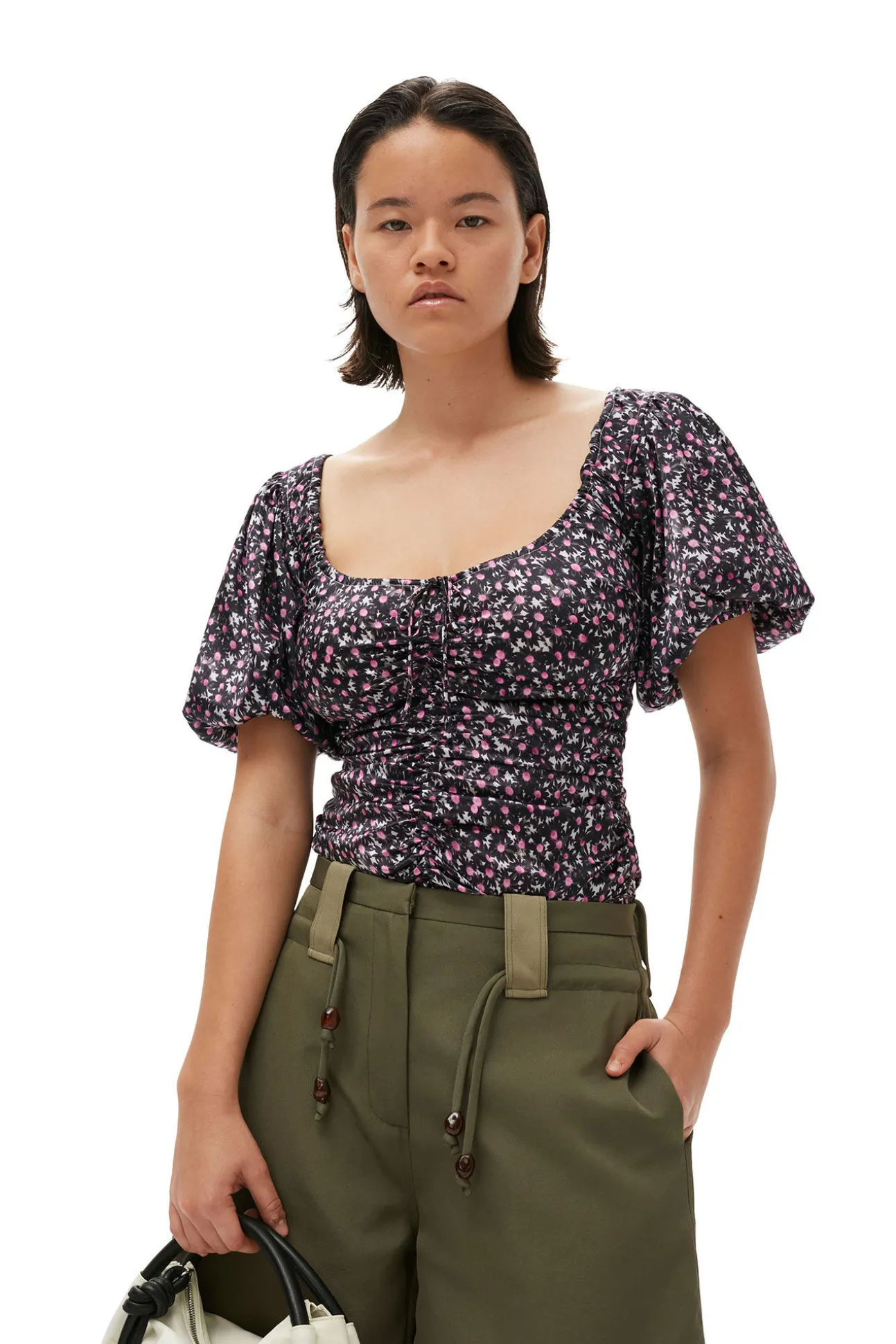 Shop GANNI Silk-Stretch-Satin-Bluse Mit Ruschen Black