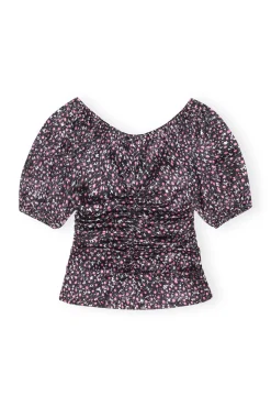 Shop GANNI Silk-Stretch-Satin-Bluse Mit Ruschen Black