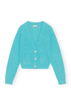 New GANNI Soft Wool Cardigan Solid Blue Curacao