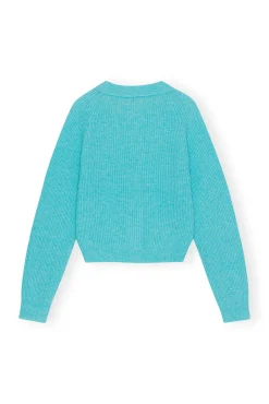 New GANNI Soft Wool Cardigan Solid Blue Curacao