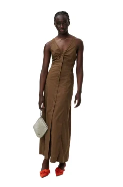 Clearance GANNI Stretch Cotton Maxi Dress Teak