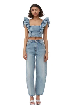 Best GANNI Stretch-Denim-Ruschenoberteil Light Blue Vintage