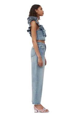 Best GANNI Stretch-Denim-Ruschenoberteil Light Blue Vintage