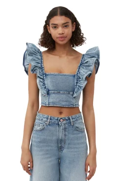 Best GANNI Stretch-Denim-Ruschenoberteil Light Blue Vintage